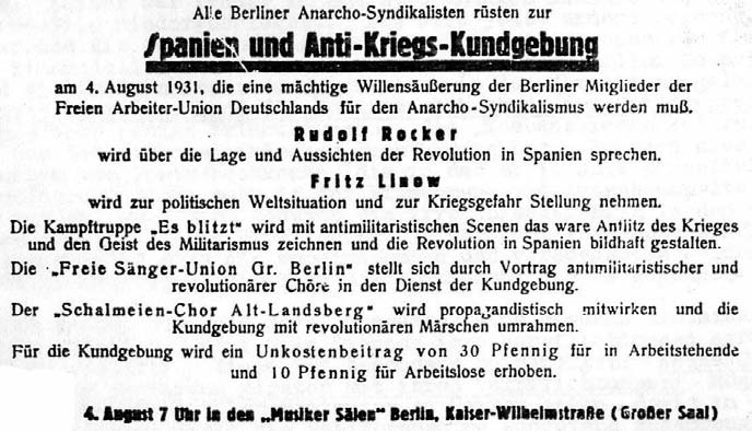 Ankündigung einer antimilitaristischen Kundgebung der FAUD aus dem Jahre 1931. Eine Aufführung der „Kampftruppe – Es blitzt“ wurde polizeilich verboten