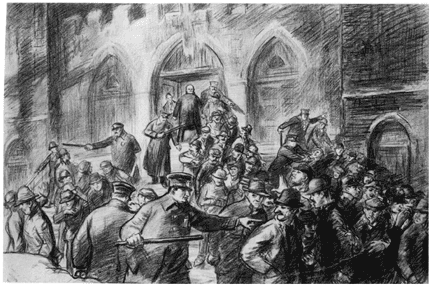 Die Polizei löst die Menge bei der St. Alphonsus Kirche auf, Zeichnung von John Sloan (1871-1951) "Calling the Christian Bluff"