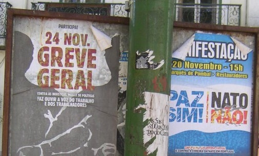 Gehört immer noch zusammen: Aufruf zum Generalstreik und antimilitaristischer Protest (hier: Lissabon im Frühjahr 2011).